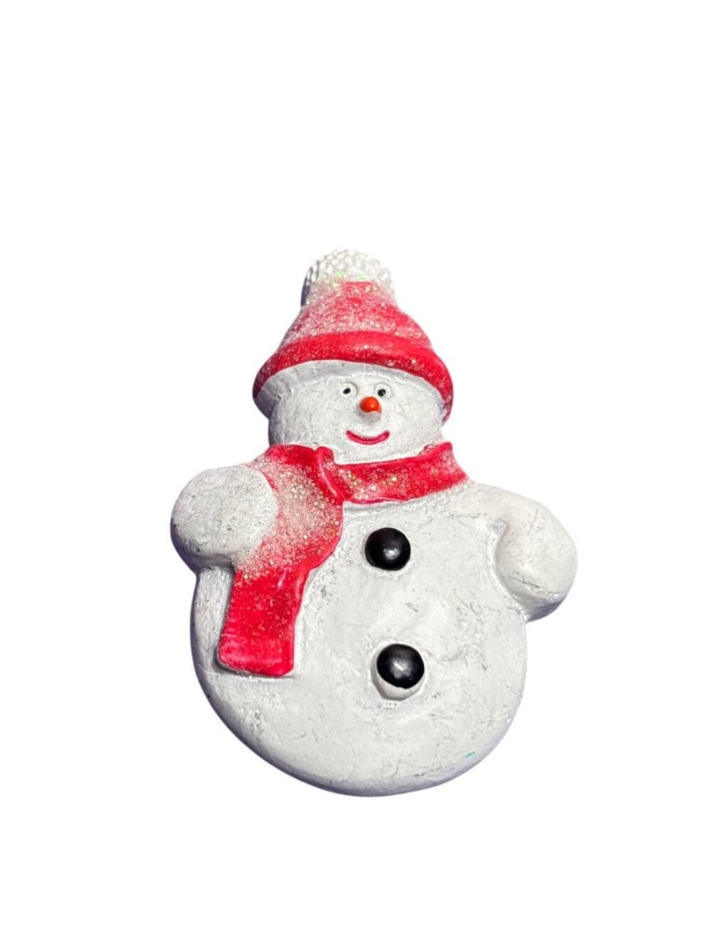 Vtg Wooden Snowman Brooch Pin Red Hat Scarf Glitter C Clasp 2.25 in Overall Wear